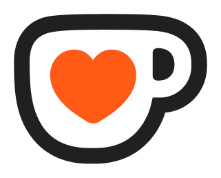 Logo featuring a stylized coffee cup with a heart symbol inside, using orange and black colors.