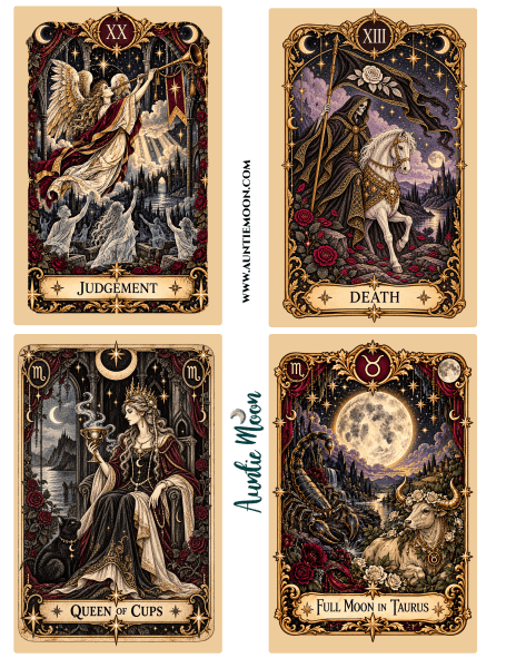 Four tarot cards featuring intricate illustrations: Judgement, Death, Queen of Cups, and Full Moon in Taurus. Each card is decorated with symbolic imagery and ornate borders.